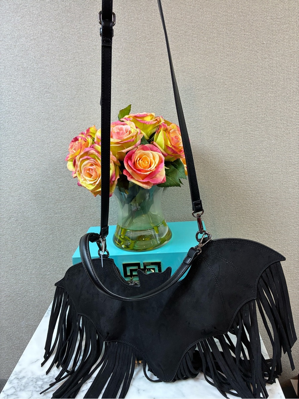 Betsey Johnson Black Fringed Bat in Faux Suede XOBLAIRE Convertible Bag - HTF - Picture 5 of 7